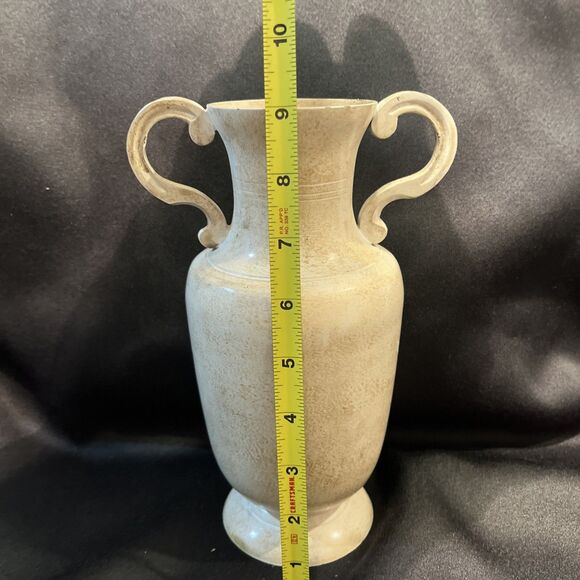 Vintage Double Handle Metal Vase Stone Color Home Accents Decor India Made 9” T - Picture 11 of 13